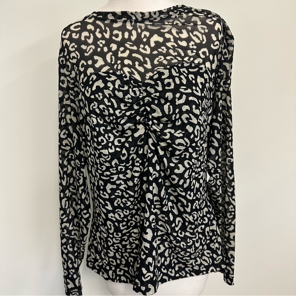 CAbi Sweetheart Sheer Mesh Black and Cream Animal Print Long Sleeve Top